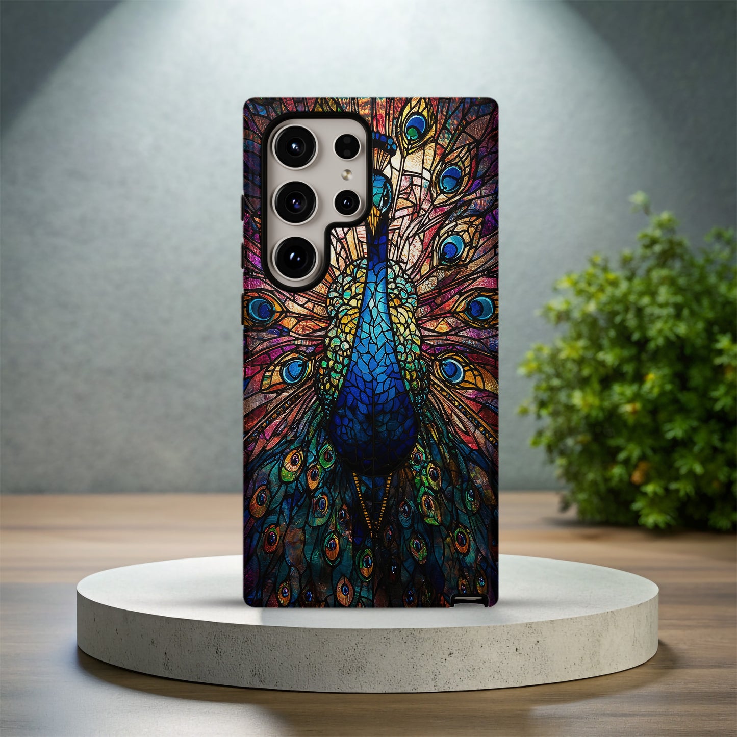 Majestic Peacock Stained Glass Phone Case – Jewel-Toned Art Nouveau Design