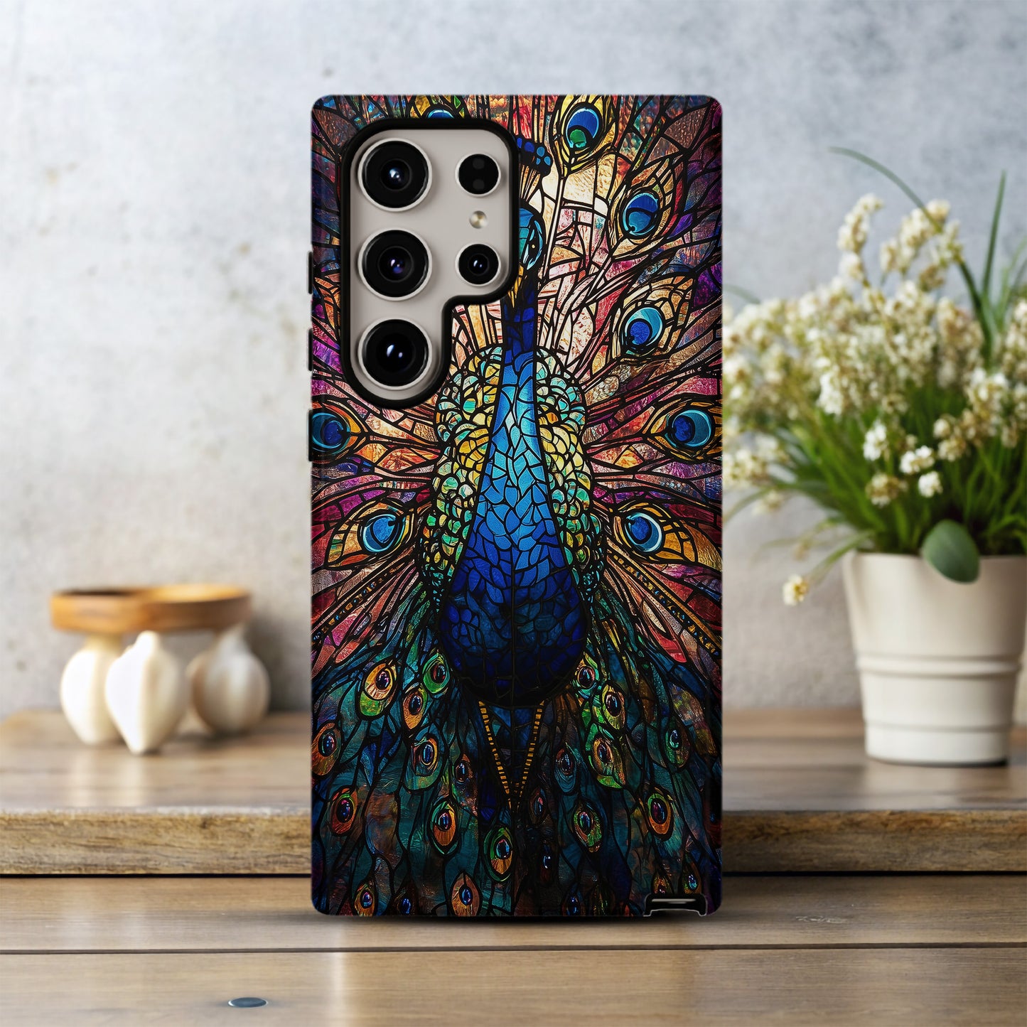 Majestic Peacock Stained Glass Phone Case – Jewel-Toned Art Nouveau Design