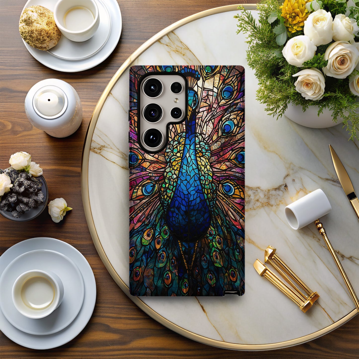 Majestic Peacock Stained Glass Phone Case – Jewel-Toned Art Nouveau Design