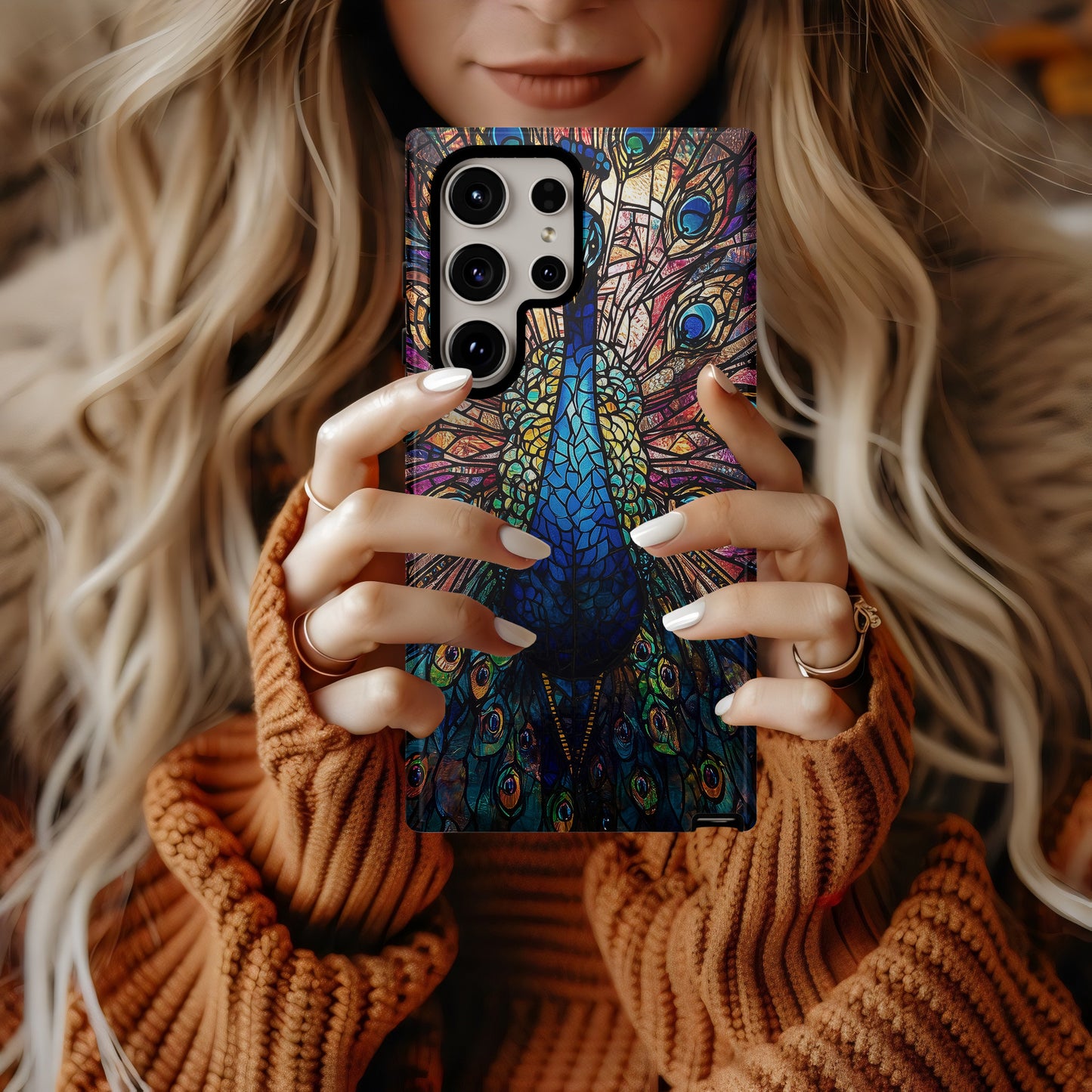 Majestic Peacock Stained Glass Phone Case – Jewel-Toned Art Nouveau Design