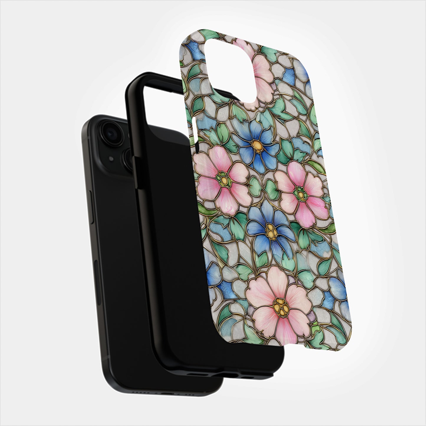 Vintage Pastel Stained Glass Floral Phone Case – Soft Pink & Blue Blossoms