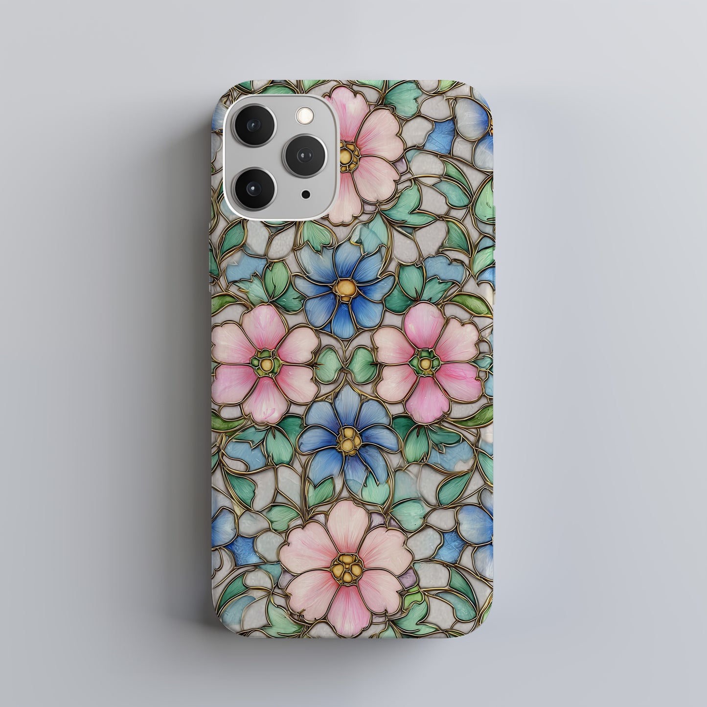Vintage Pastel Stained Glass Floral Phone Case – Soft Pink & Blue Blossoms