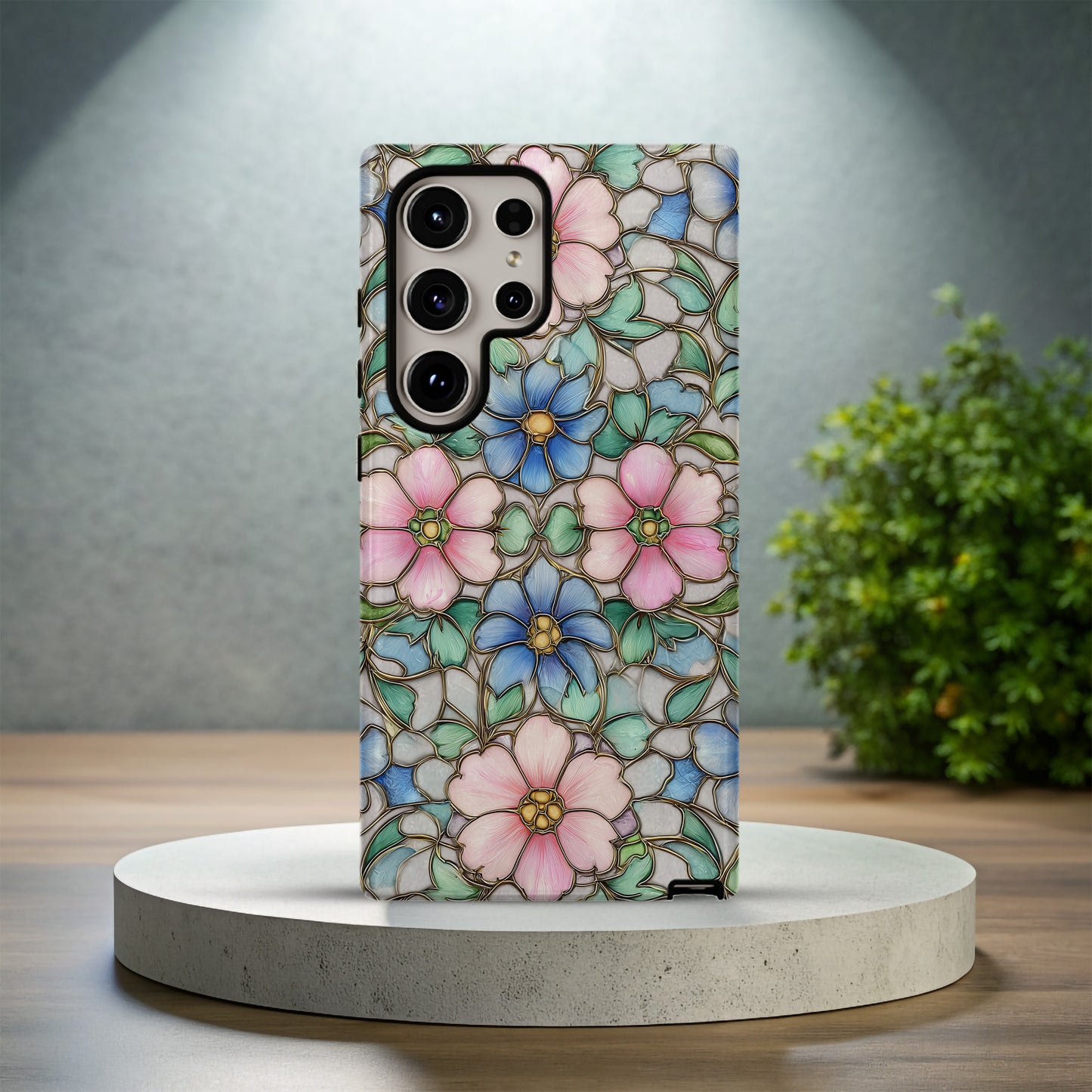 Vintage Pastel Stained Glass Floral Phone Case – Soft Pink & Blue Blossoms