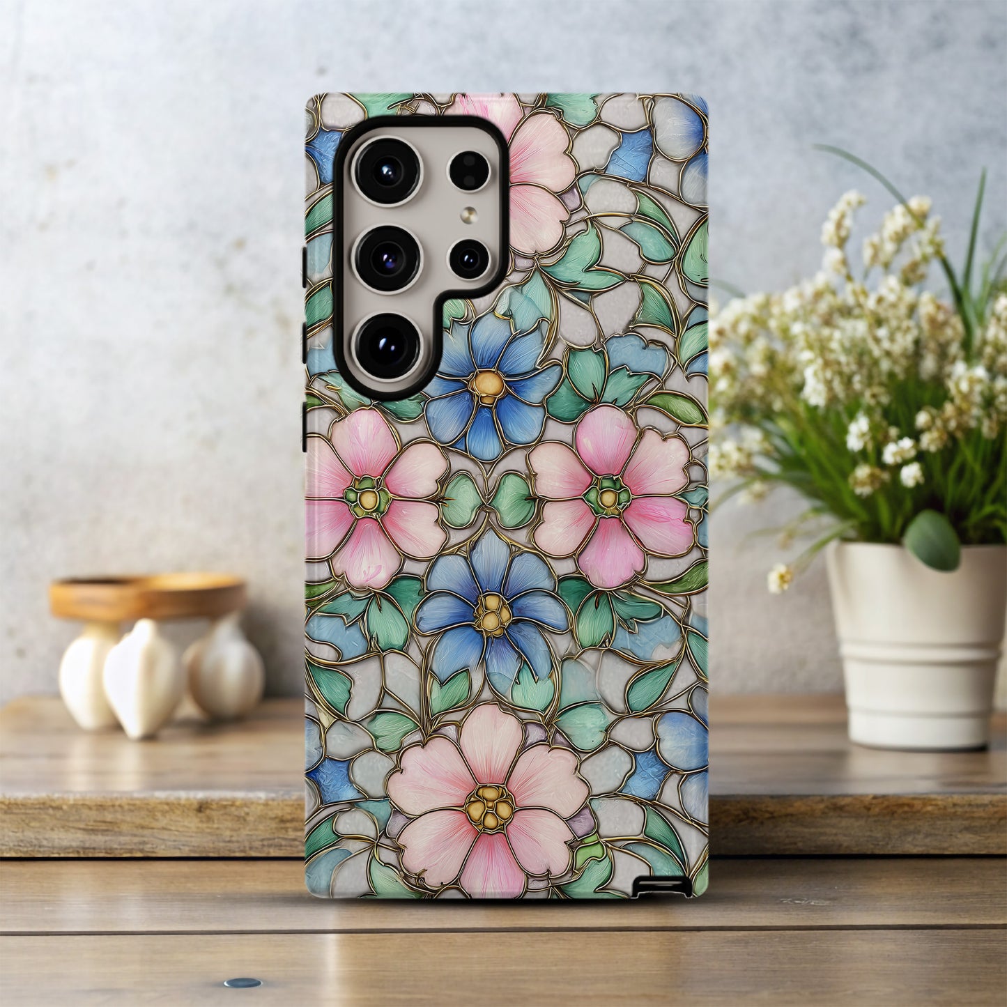 Vintage Pastel Stained Glass Floral Phone Case – Soft Pink & Blue Blossoms