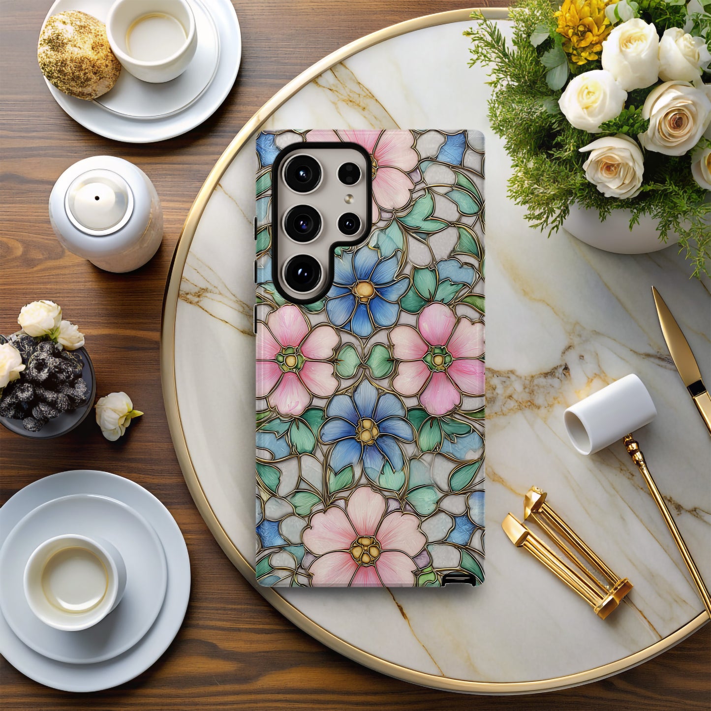 Vintage Pastel Stained Glass Floral Phone Case – Soft Pink & Blue Blossoms