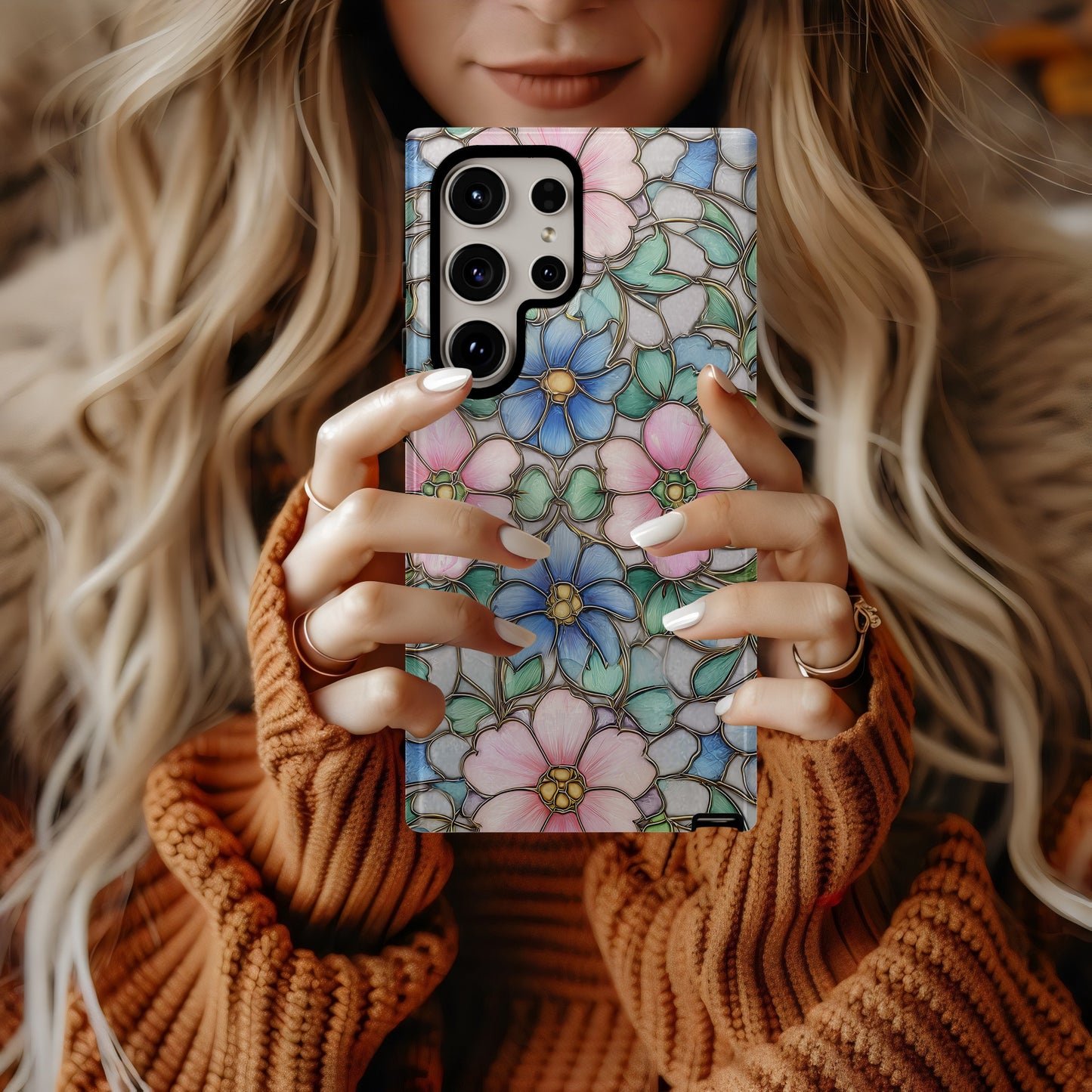 Vintage Pastel Stained Glass Floral Phone Case – Soft Pink & Blue Blossoms