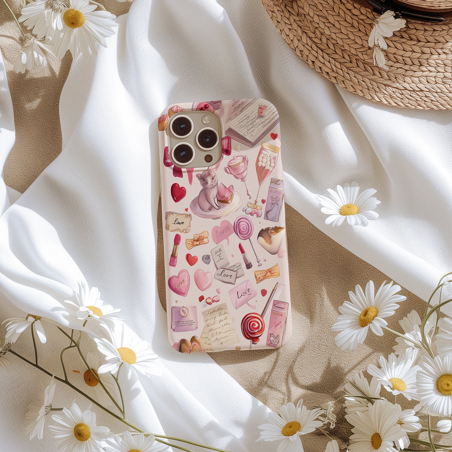 Coquette Love Letter Aesthetic Phone Case – Pink Ribbons, Cats & Sweets