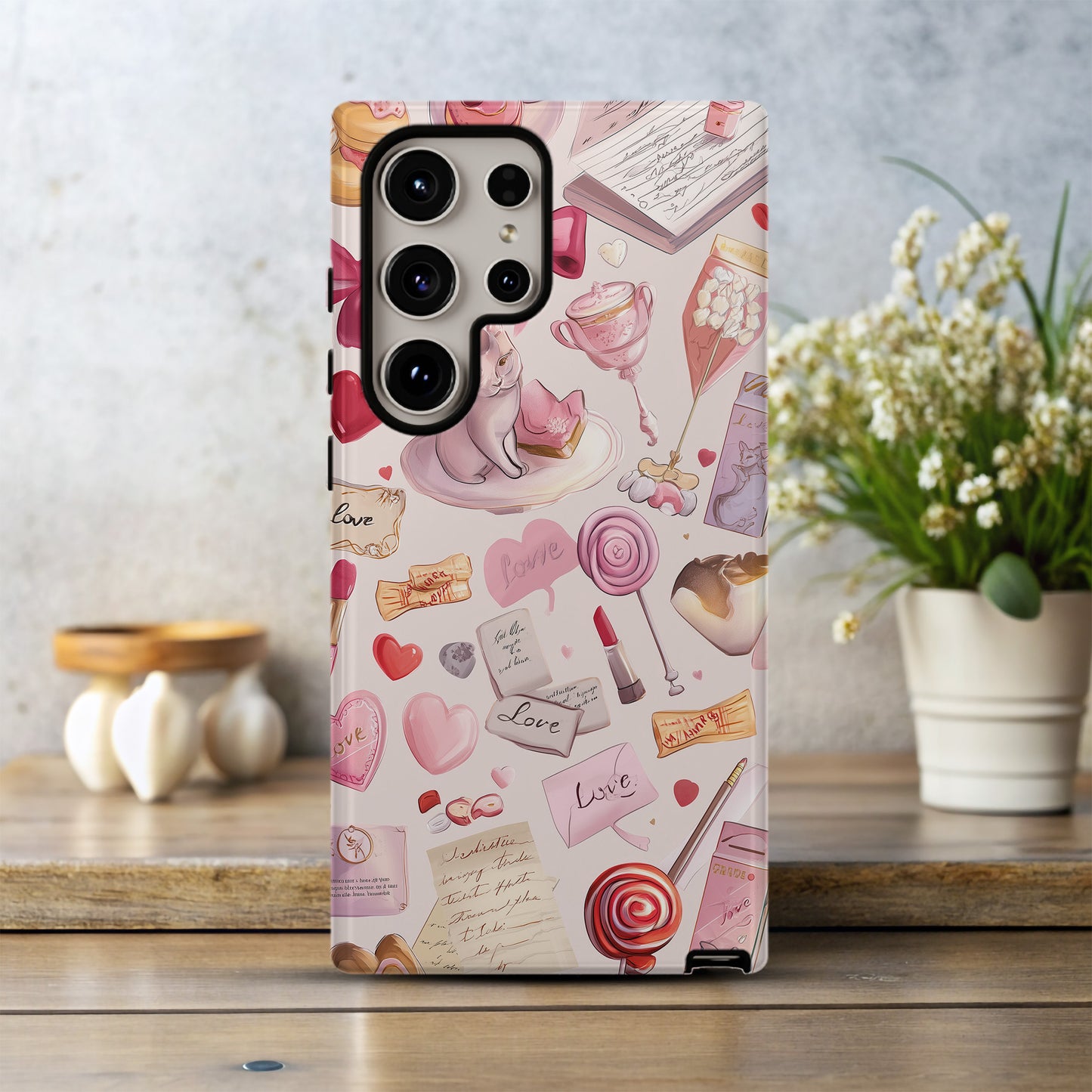 Coquette Love Letter Aesthetic Phone Case – Pink Ribbons, Cats & Sweets