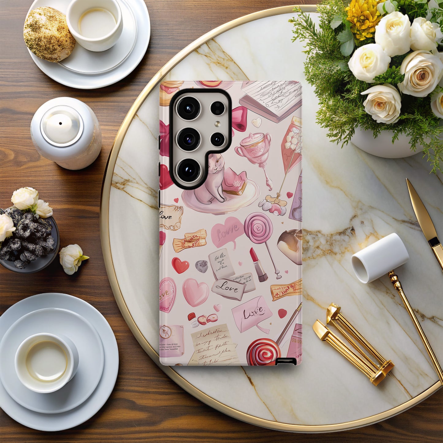 Coquette Love Letter Aesthetic Phone Case – Pink Ribbons, Cats & Sweets
