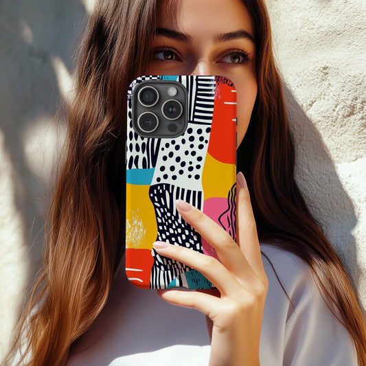 Funky Abstract Collage Phone Case – Bold Dots, Stripes & Retro Pop Colors
