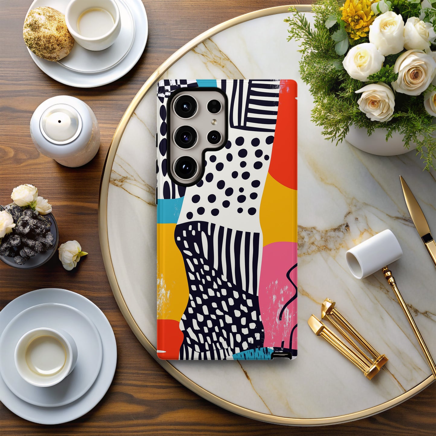 Funky Abstract Collage Phone Case – Bold Dots, Stripes & Retro Pop Colors
