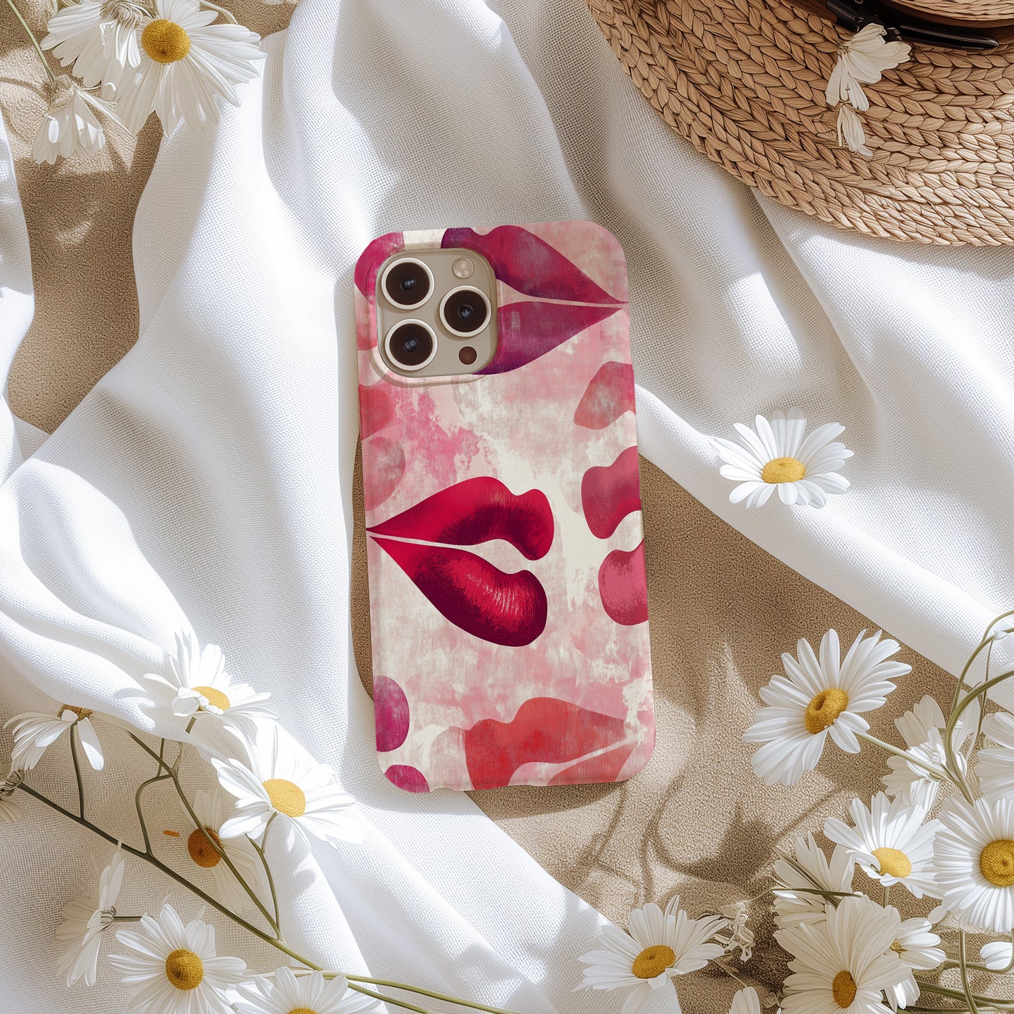 Lipstick Kiss Print Phone Case – Bold Red Lips on Pink Watercolor
