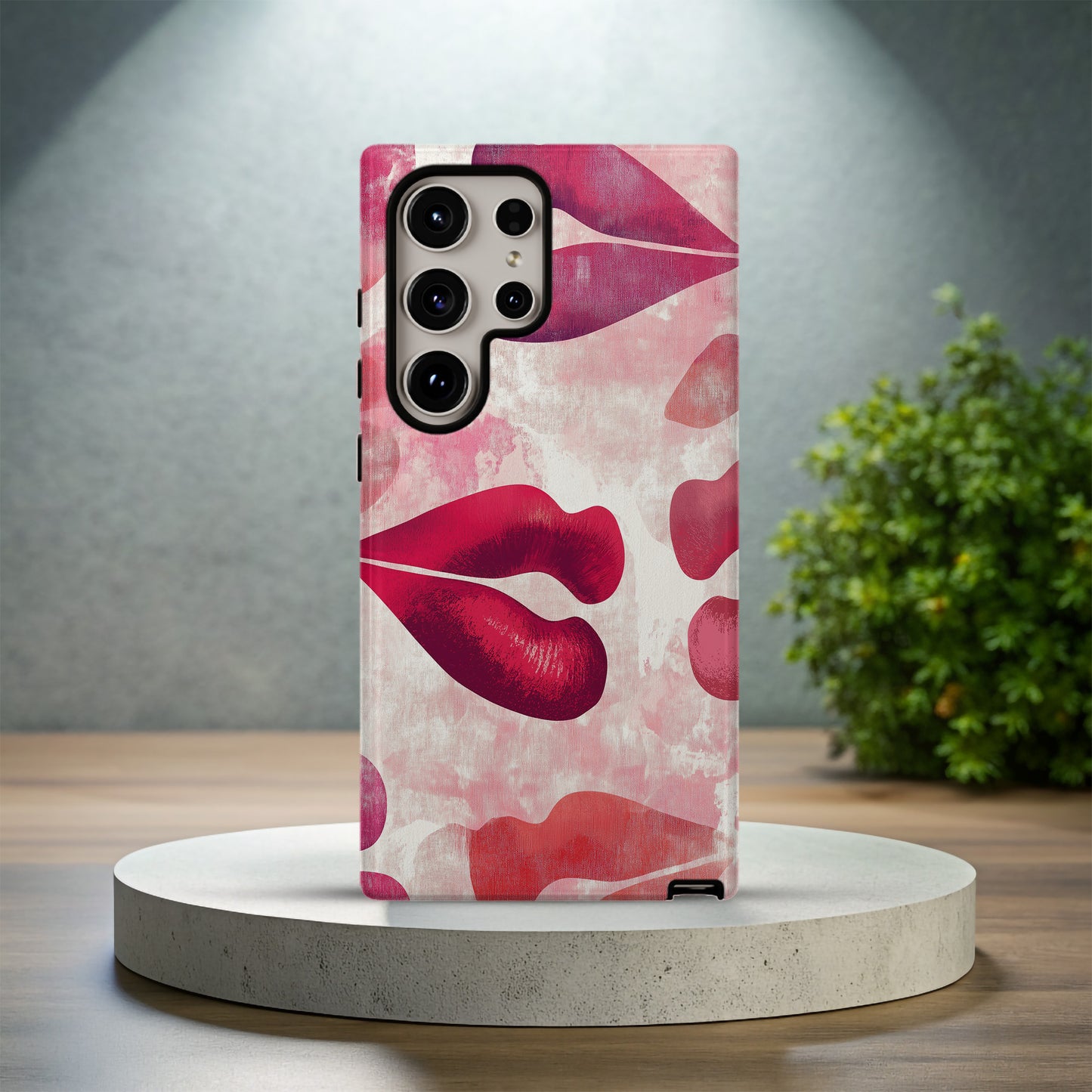 Lipstick Kiss Print Phone Case – Bold Red Lips on Pink Watercolor