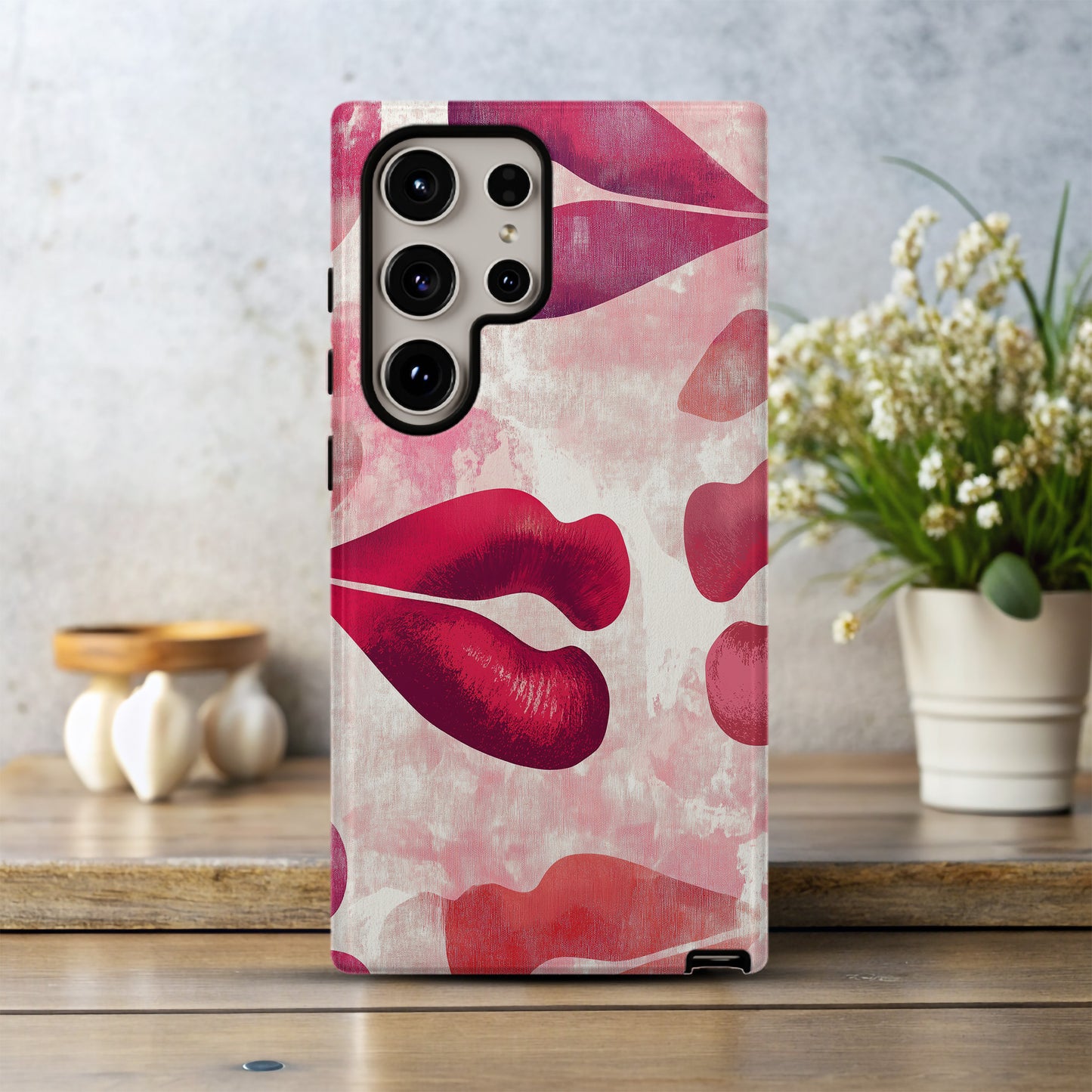 Lipstick Kiss Print Phone Case – Bold Red Lips on Pink Watercolor