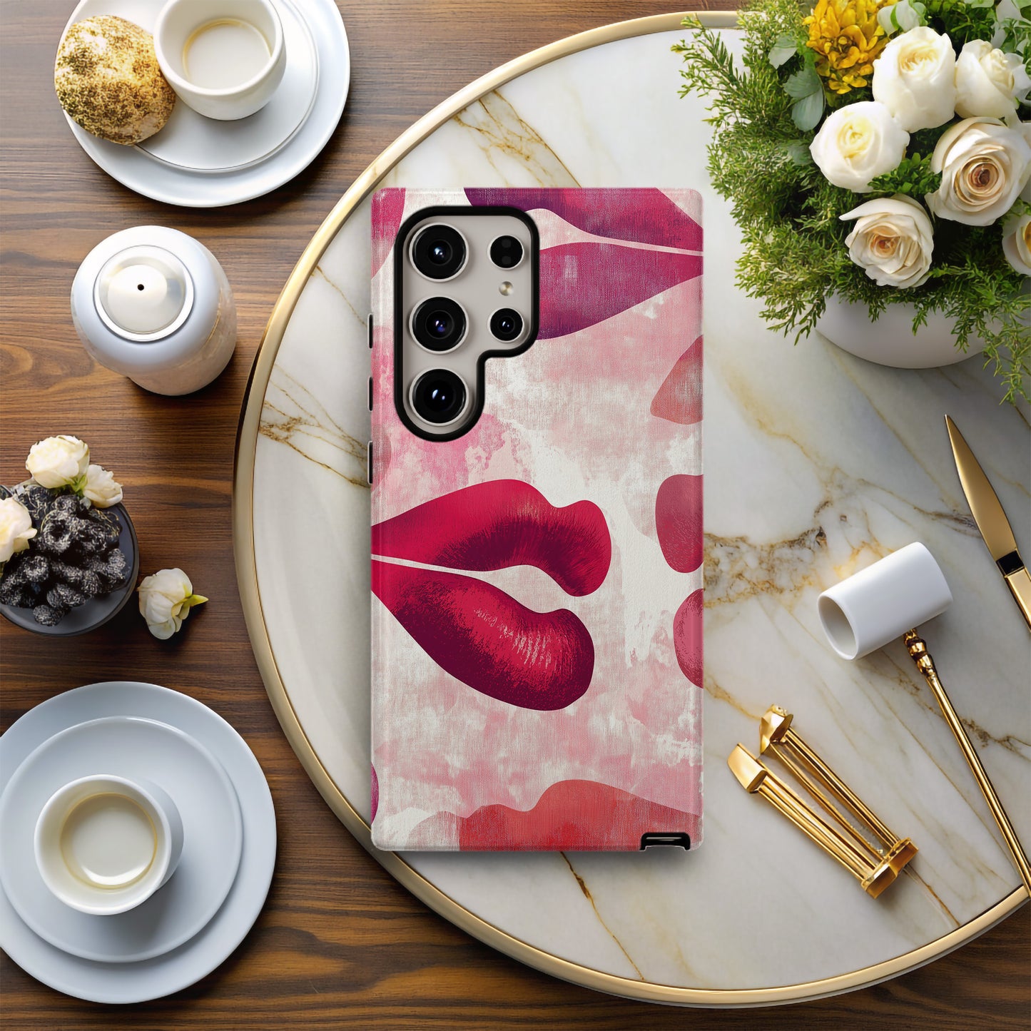 Lipstick Kiss Print Phone Case – Bold Red Lips on Pink Watercolor