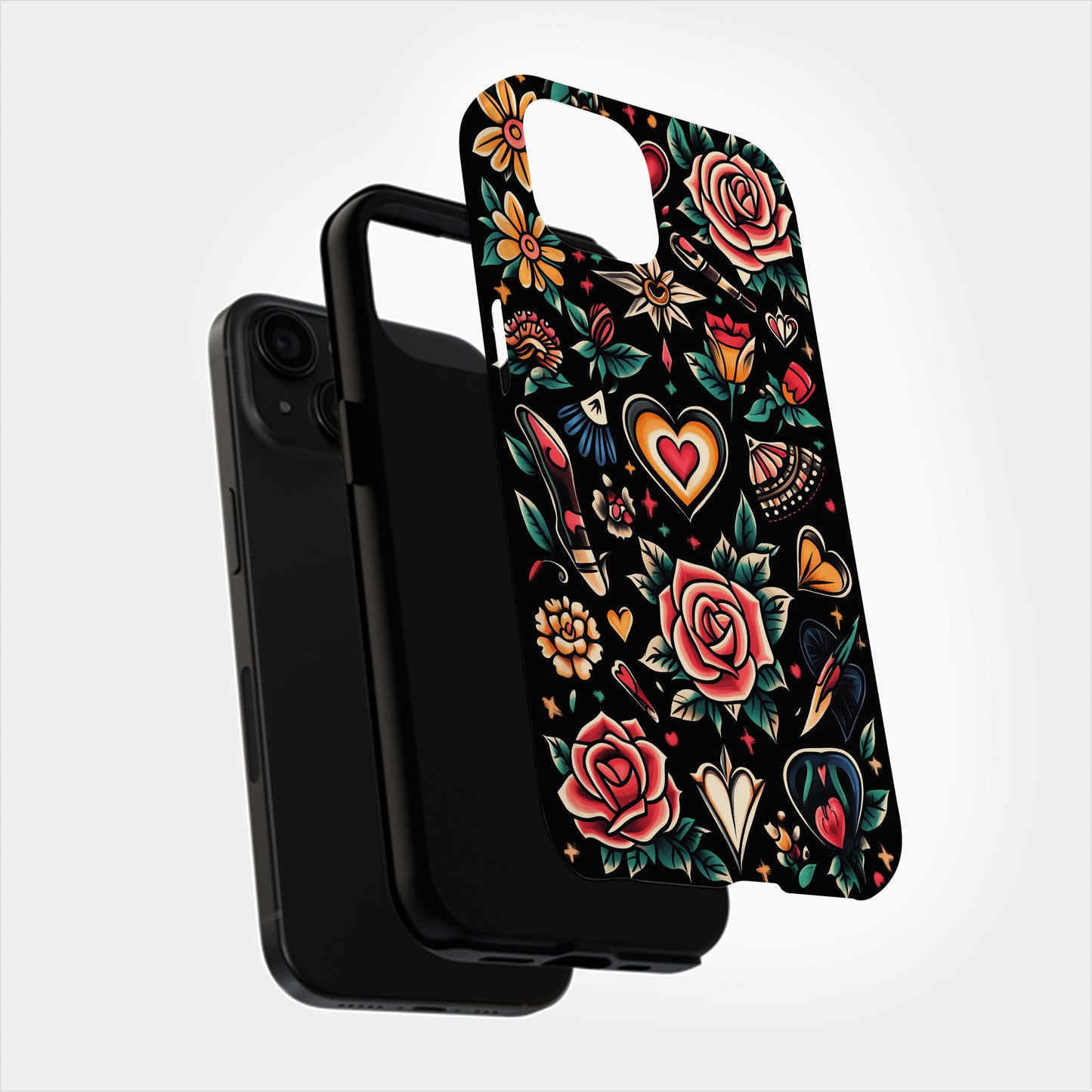 Vintage Flash Tattoo Floral Hearts Phone Case – Bold Traditional Ink Style