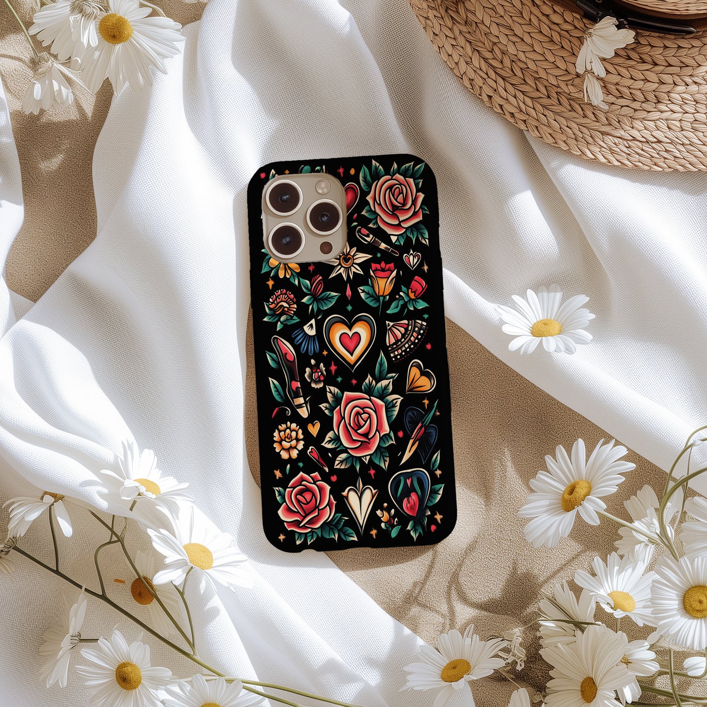 Vintage Flash Tattoo Floral Hearts Phone Case – Bold Traditional Ink Style