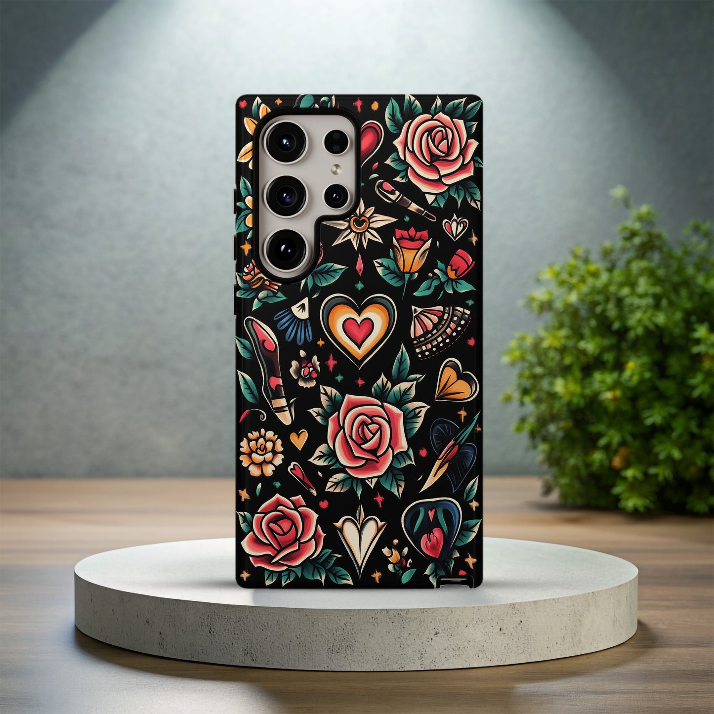 Vintage Flash Tattoo Floral Hearts Phone Case – Bold Traditional Ink Style