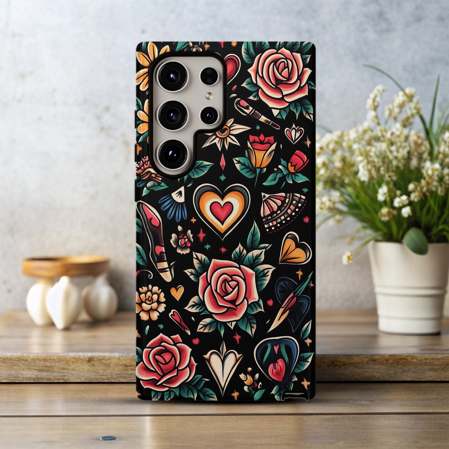 Vintage Flash Tattoo Floral Hearts Phone Case – Bold Traditional Ink Style