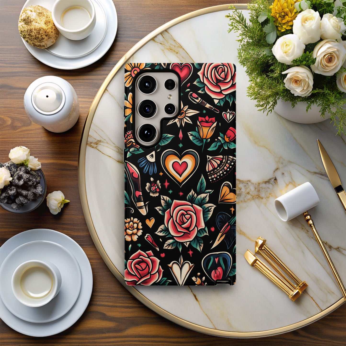 Vintage Flash Tattoo Floral Hearts Phone Case – Bold Traditional Ink Style