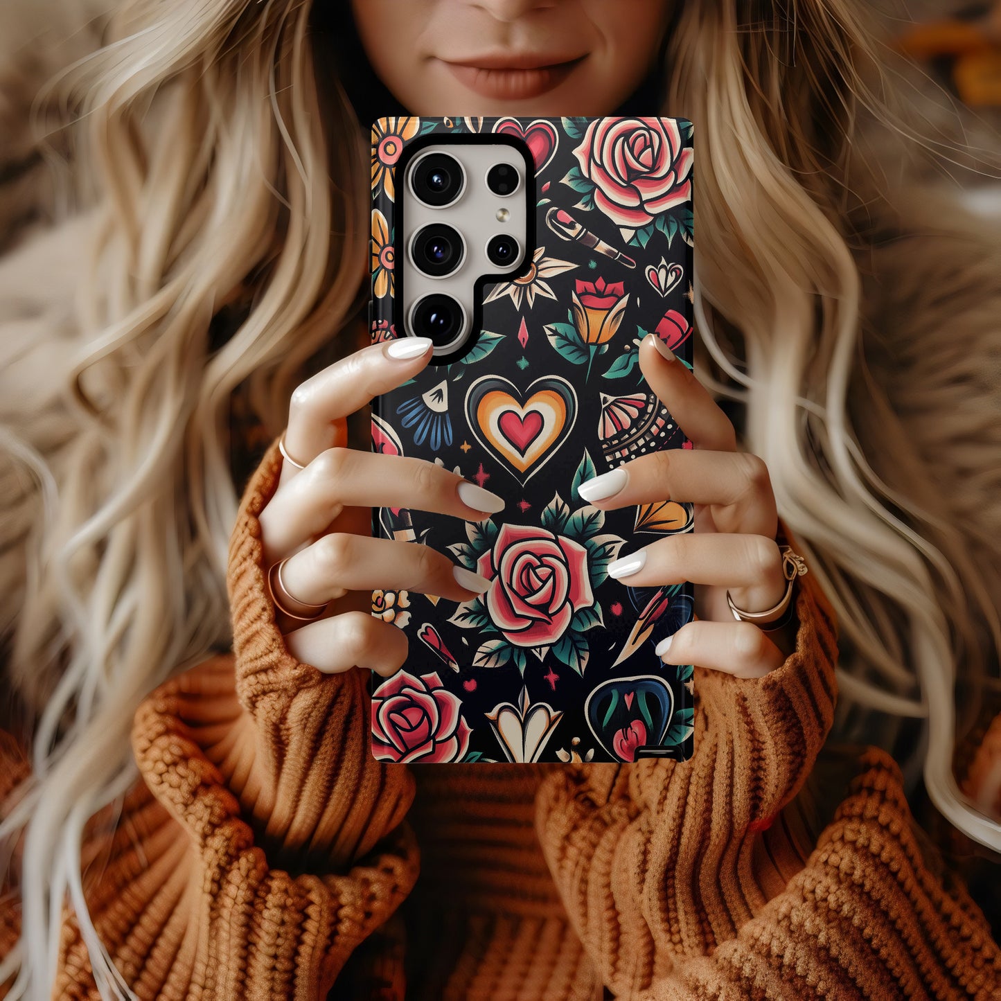 Vintage Flash Tattoo Floral Hearts Phone Case – Bold Traditional Ink Style