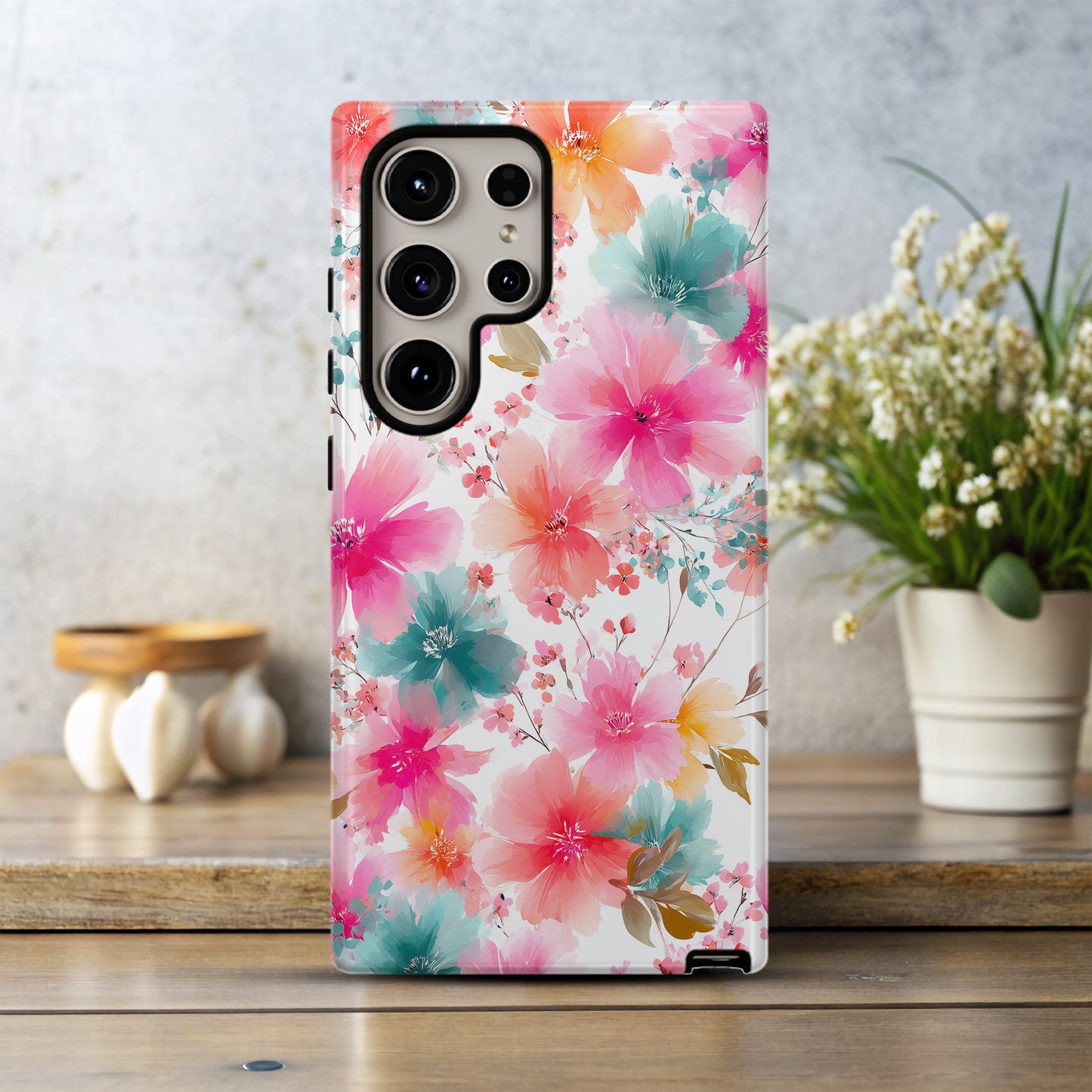 Bright Watercolor Blossom Phone Case – Soft Pink & Teal Floral Design