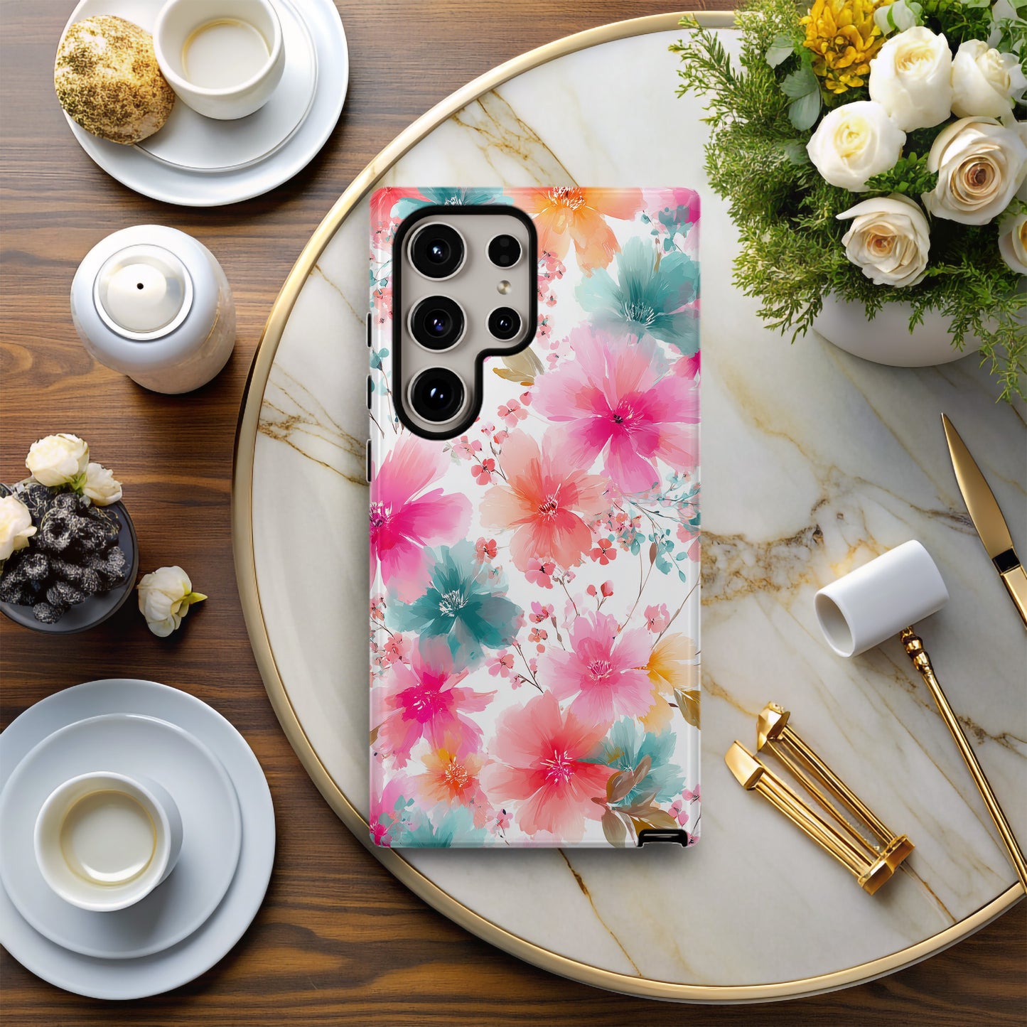 Bright Watercolor Blossom Phone Case – Soft Pink & Teal Floral Design