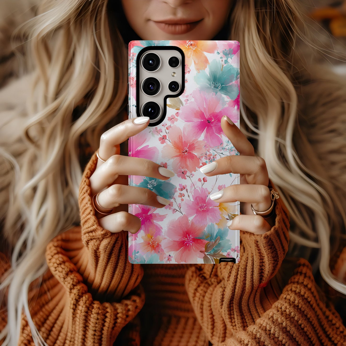 Bright Watercolor Blossom Phone Case – Soft Pink & Teal Floral Design