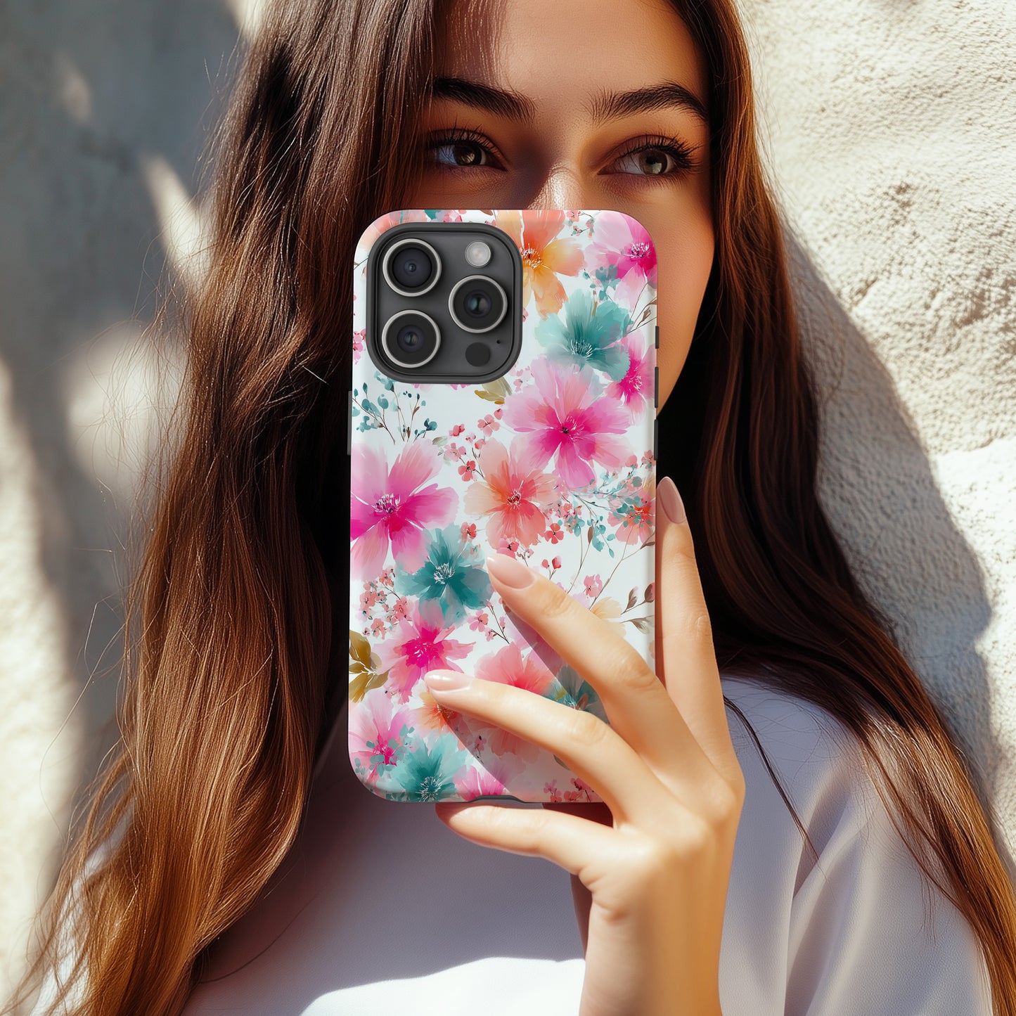 Bright Watercolor Blossom Phone Case – Soft Pink & Teal Floral Design