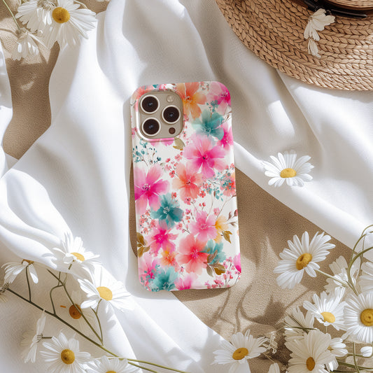 Bright Watercolor Blossom Phone Case – Soft Pink & Teal Floral Design