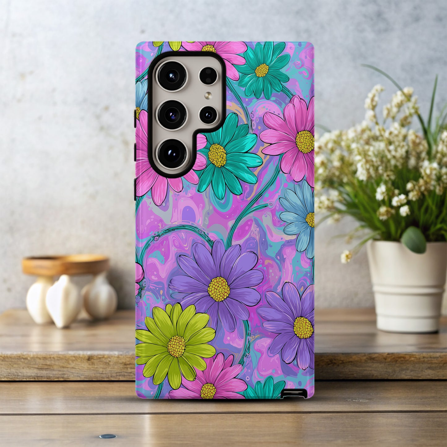 Electric Daisy Swirl Case – Y2K Retro Flower Power in Neon Pastels