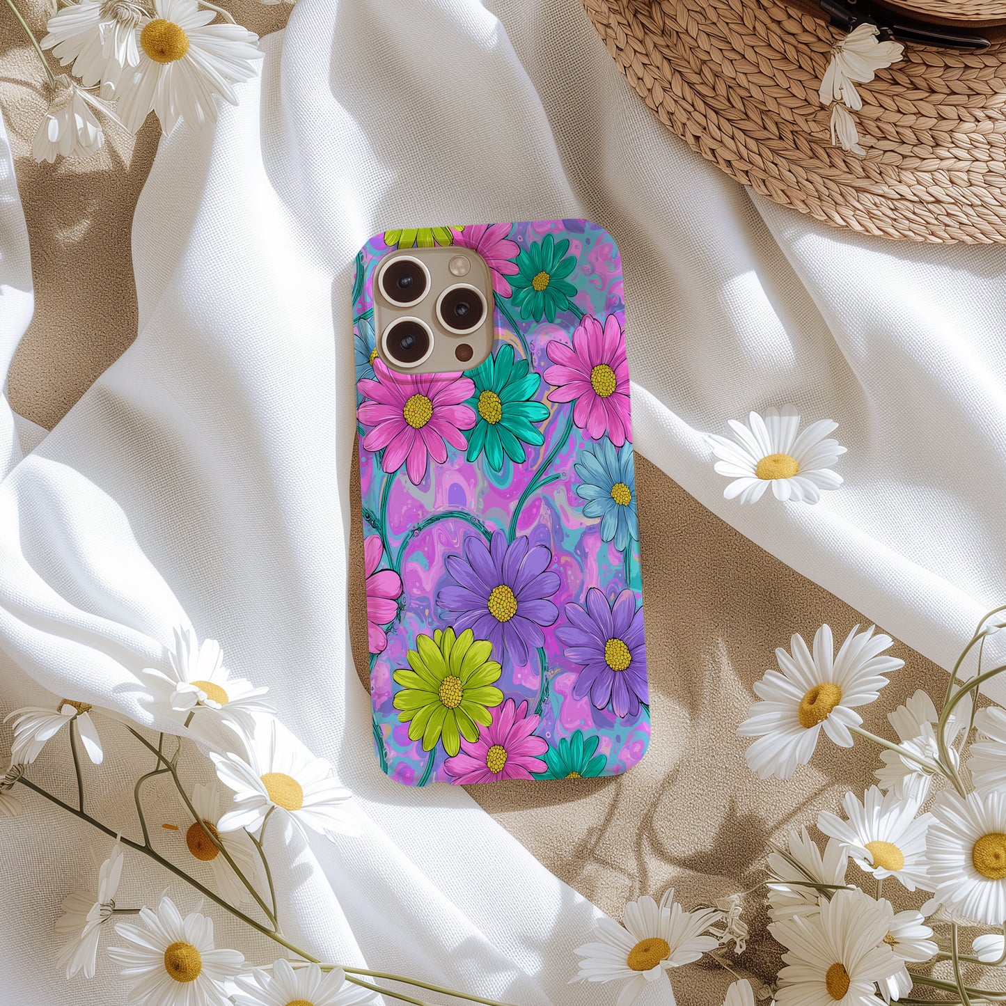 Electric Daisy Swirl Case – Y2K Retro Flower Power in Neon Pastels
