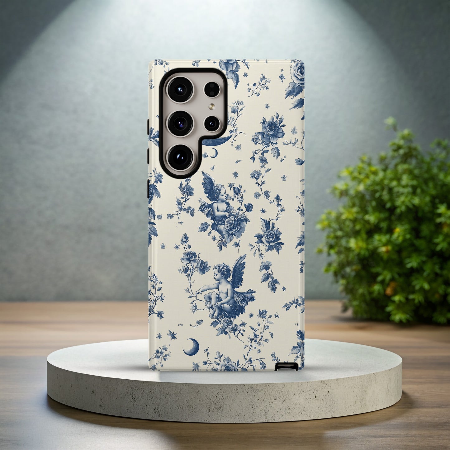Celestial Cherub Toile Case – Vintage Moon & Angel Floral in French Blue