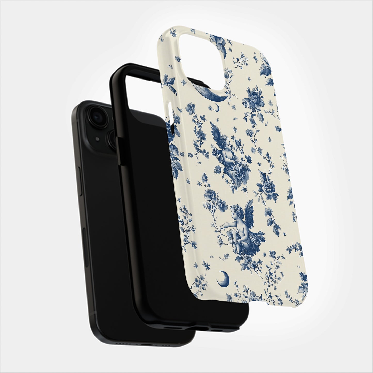 Celestial Cherub Toile Case – Vintage Moon & Angel Floral in French Blue