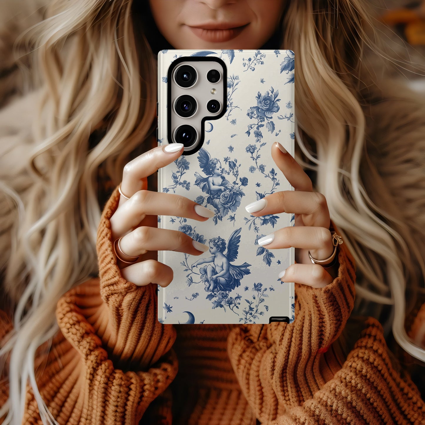 Celestial Cherub Toile Case – Vintage Moon & Angel Floral in French Blue