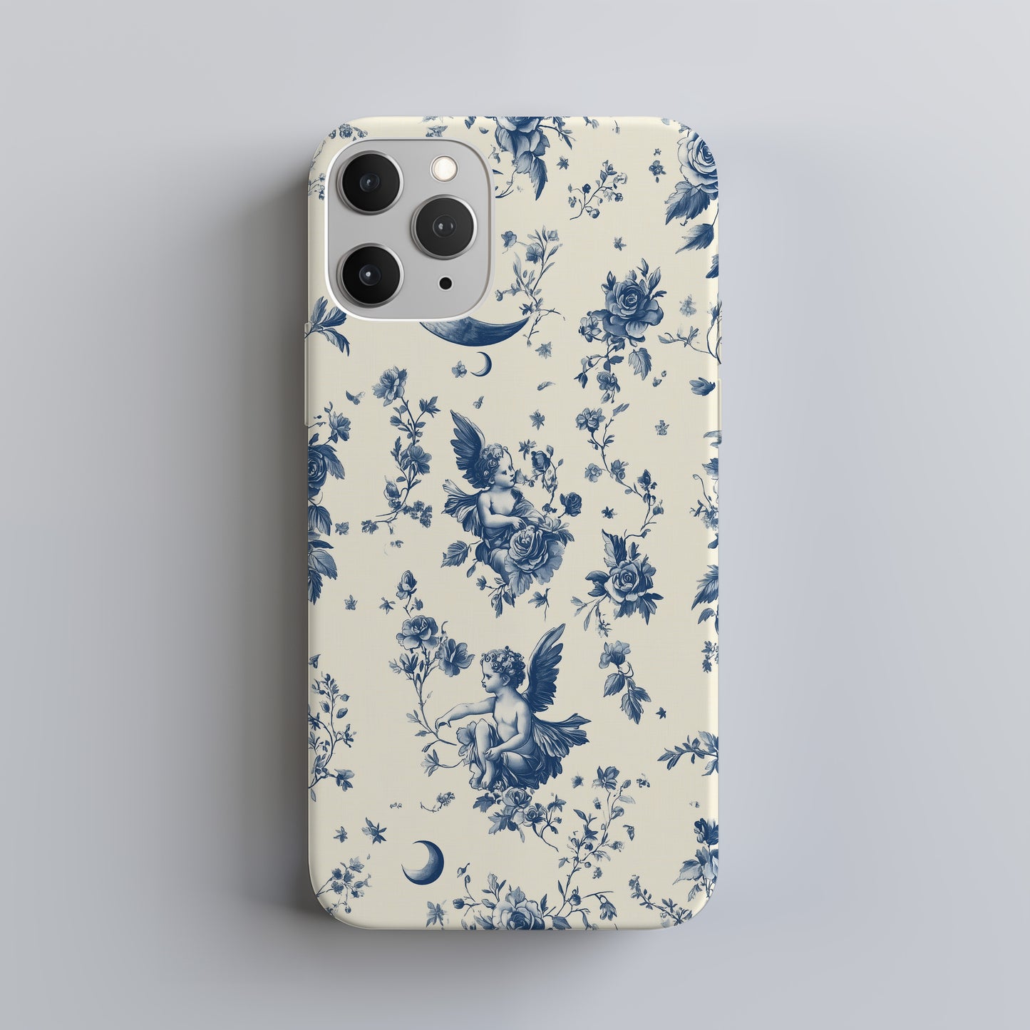 Celestial Cherub Toile Case – Vintage Moon & Angel Floral in French Blue