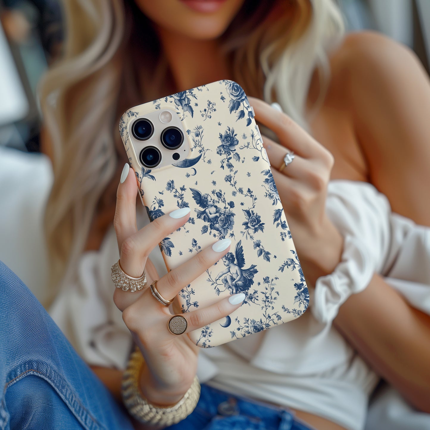 Celestial Cherub Toile Case – Vintage Moon & Angel Floral in French Blue