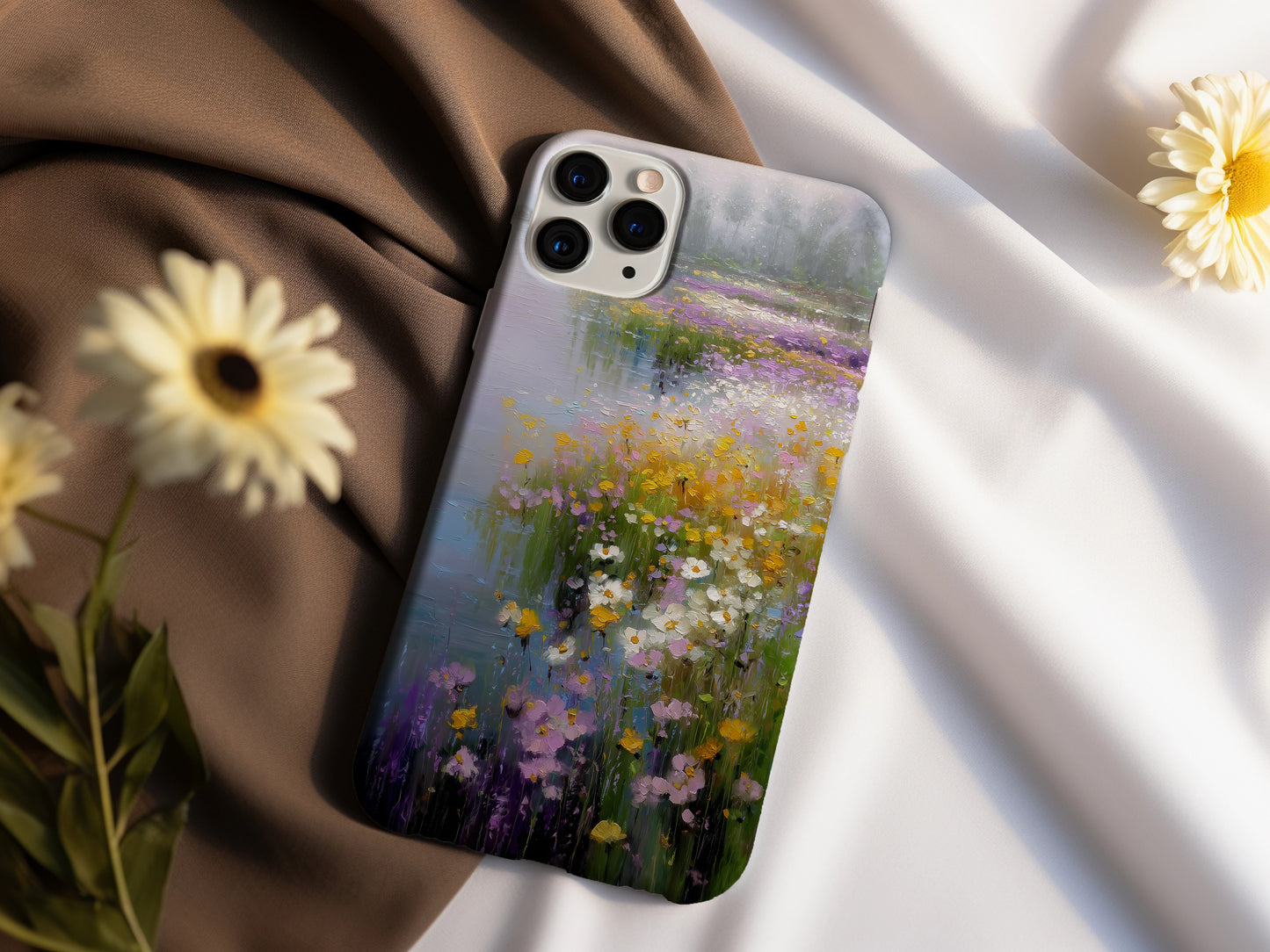 Whispers by the River Case – Soft Wildflower Landscape in Impressionist Pastels