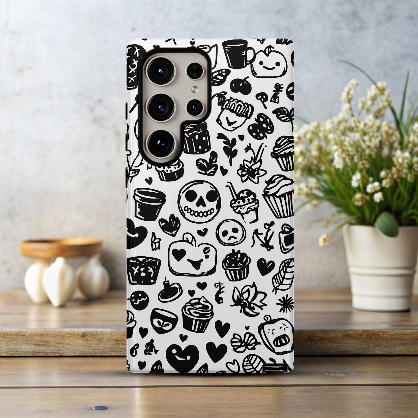 Kooky Doodle Chaos Case – Black & White Hand-Drawn Icon Collage