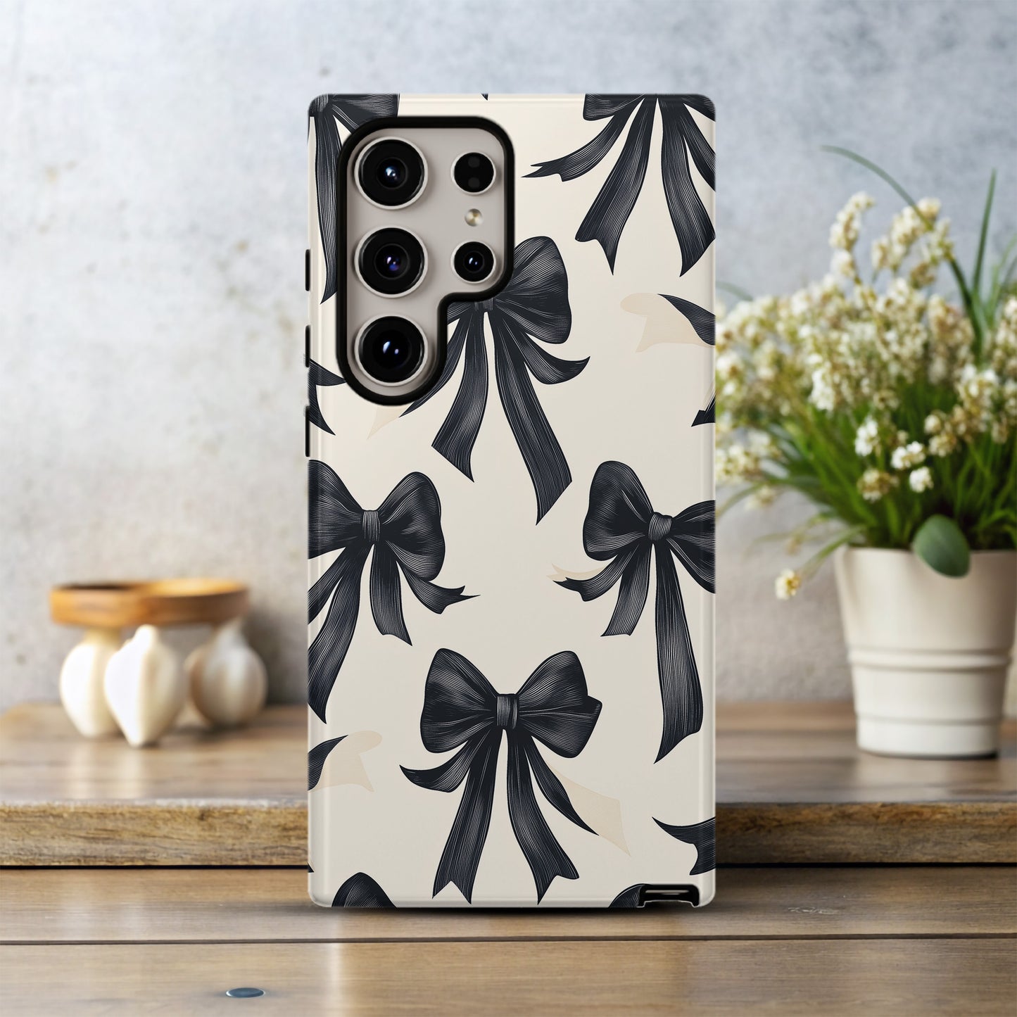Midnight Ribbon Case – Elegant Black Bows on Cream