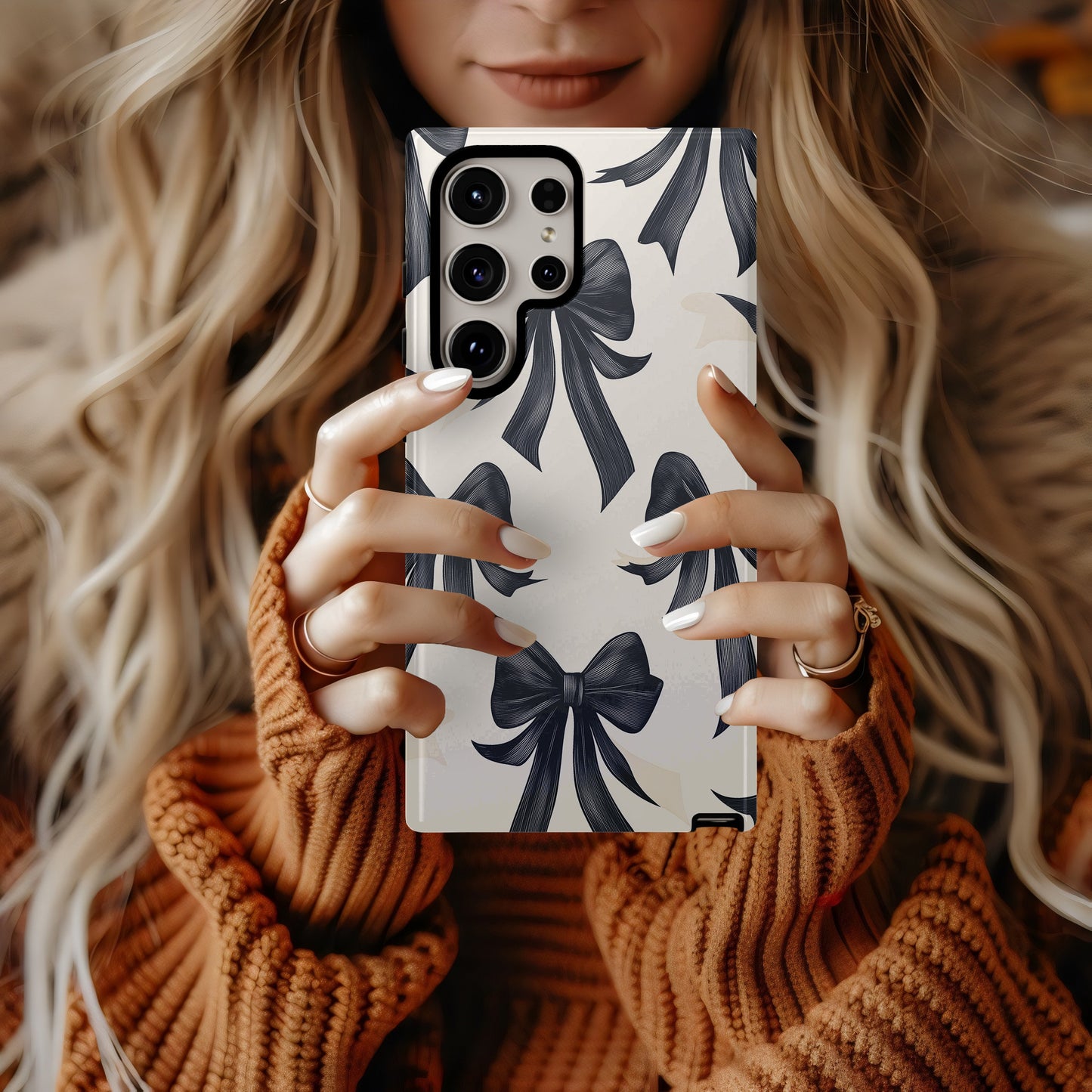 Midnight Ribbon Case – Elegant Black Bows on Cream