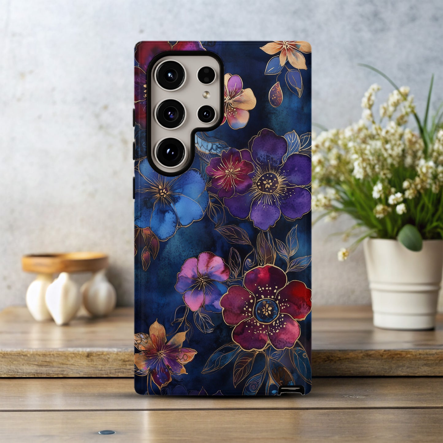 Midnight Bloom Case – Deep Plum & Indigo Florals with Gold Ink Detailing