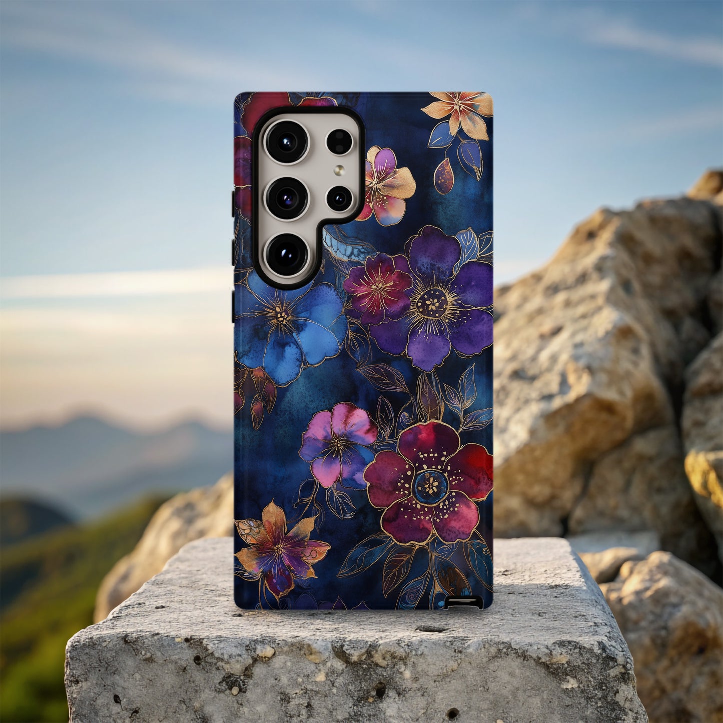 Midnight Bloom Case – Deep Plum & Indigo Florals with Gold Ink Detailing