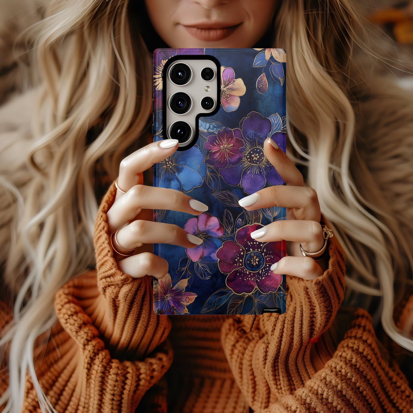Midnight Bloom Case – Deep Plum & Indigo Florals with Gold Ink Detailing