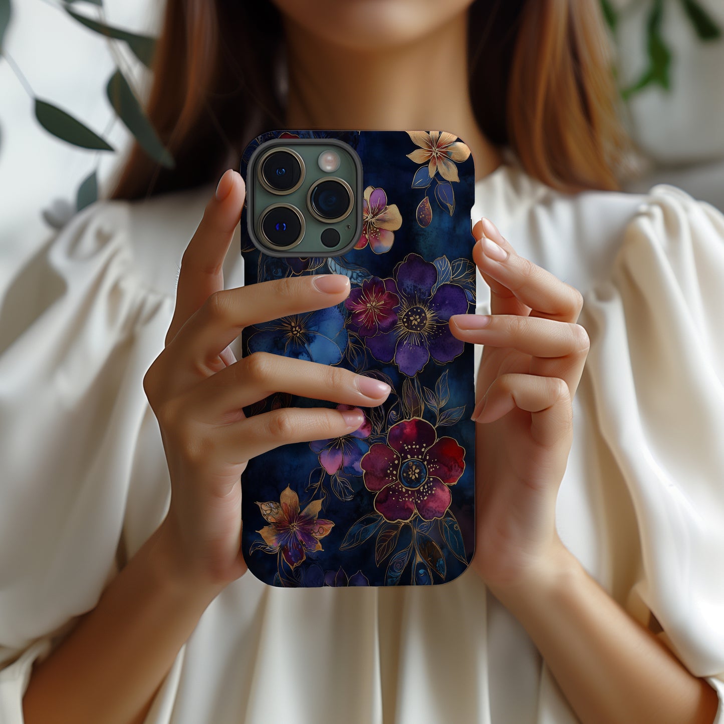 Midnight Bloom Case – Deep Plum & Indigo Florals with Gold Ink Detailing