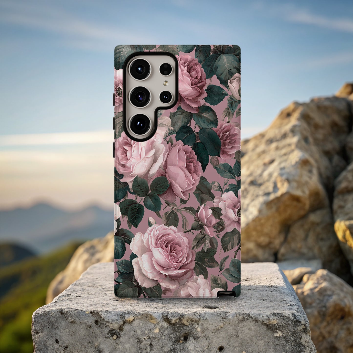 Vintage Dusty Rose Case – Romantic Floral with Classic Engraving Texture