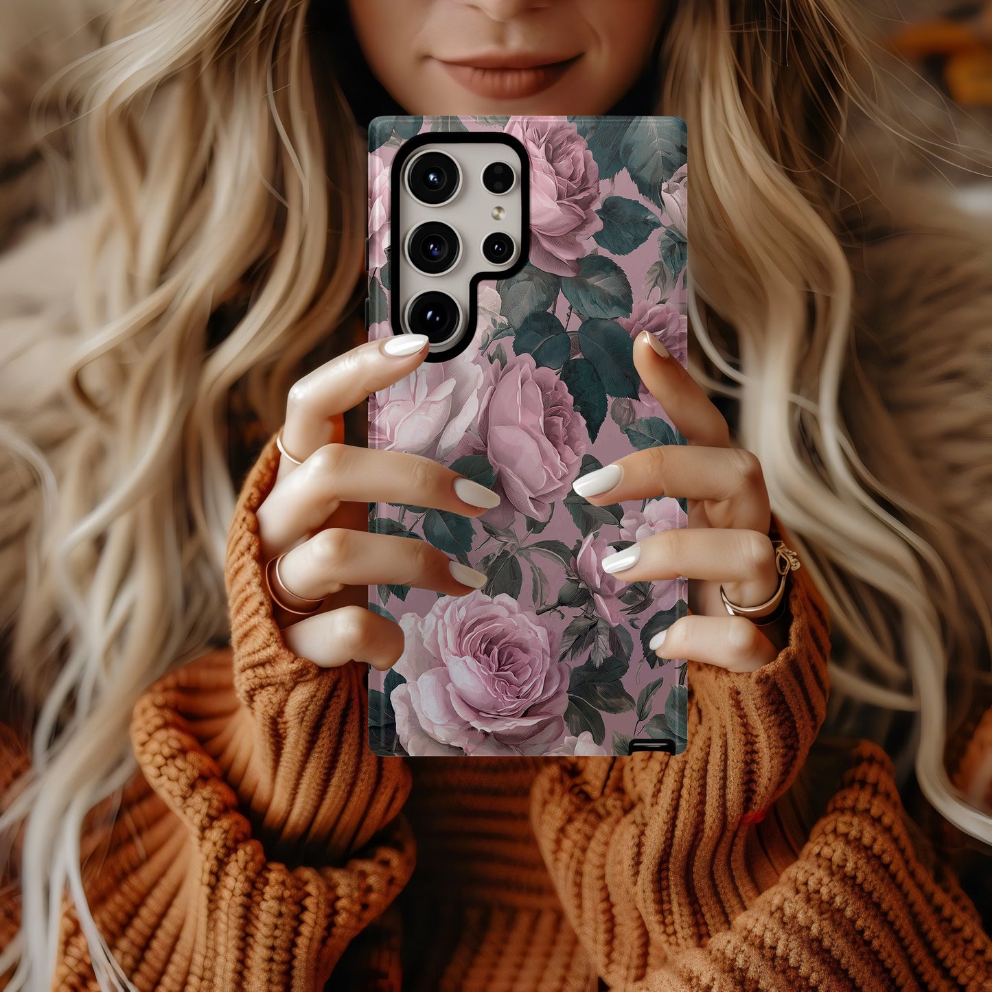 Vintage Dusty Rose Case – Romantic Floral with Classic Engraving Texture