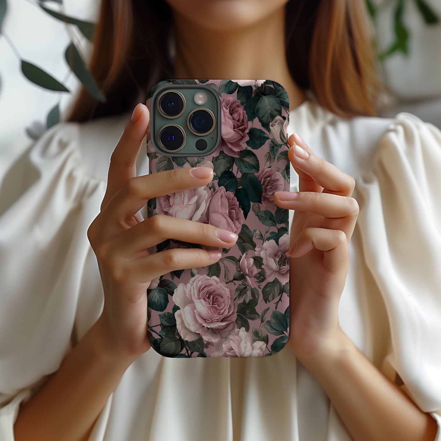 Vintage Dusty Rose Case – Romantic Floral with Classic Engraving Texture