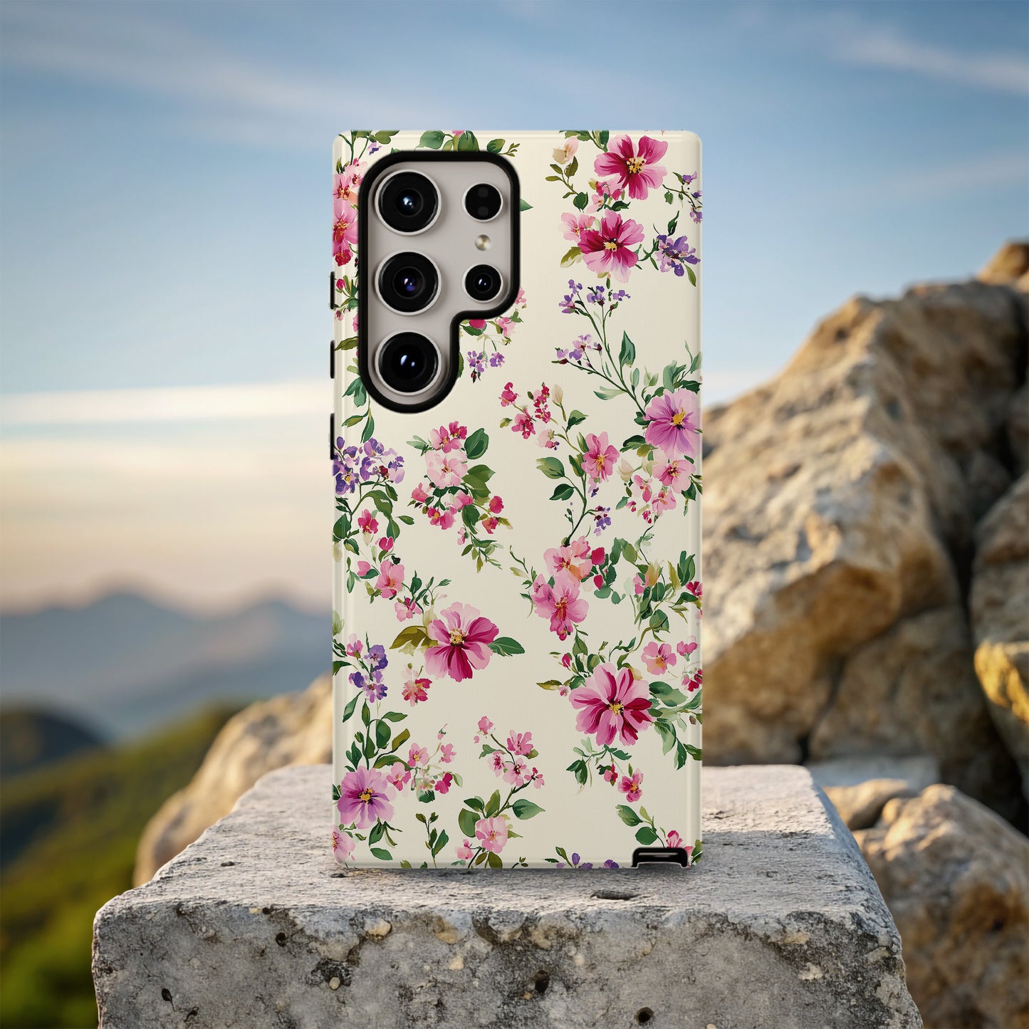 Watercolor Bloom Phone Case – Vibrant Pink & Purple Florals on Cream