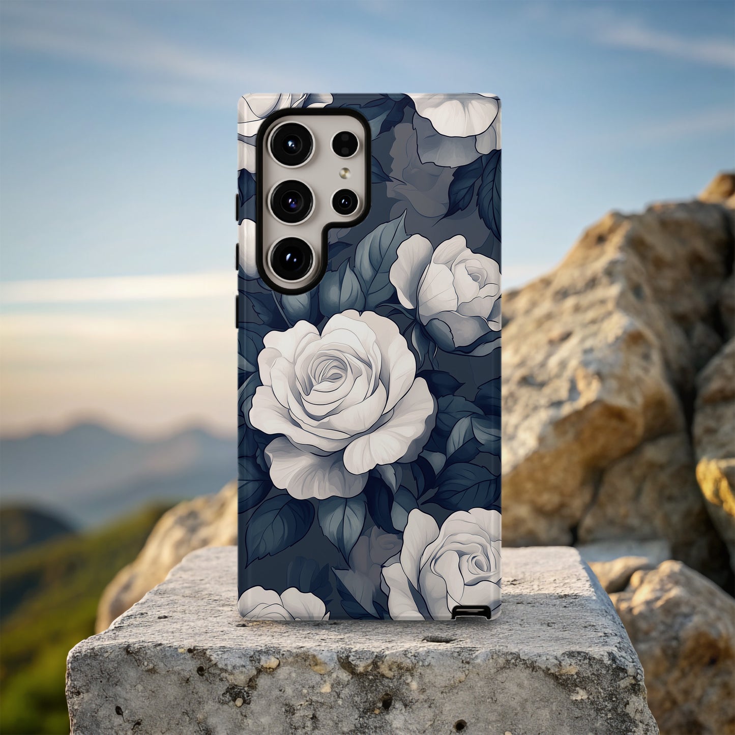 Nocturne Rose Phone Case – Vintage-Inspired White Florals on Midnight Blue